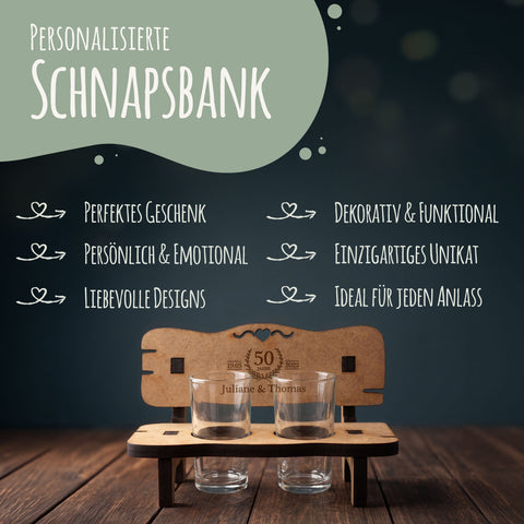 Gravierte Schnapsbank im Hochzeiten Design mit Namen & Datum + 2 Schnaps