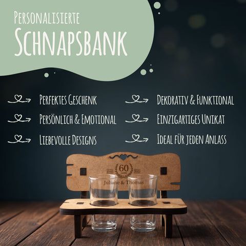 Gravierte Schnapsbank im Hochzeiten Design mit Namen & Datum + 2 Schnaps