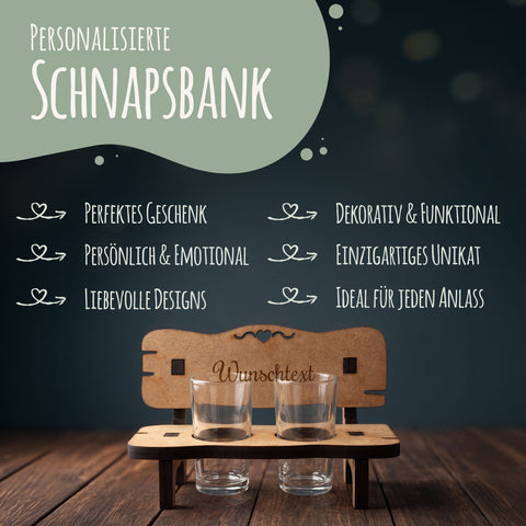 Gravierte Schnapsbank mit Wunschtext + 2 Schnapsgläser