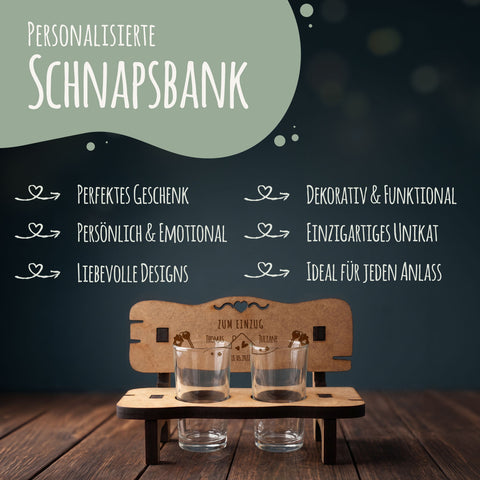Gravierte Schnapsbank zum Einzug mit Namen & Datum + 2 Schnapsgläser