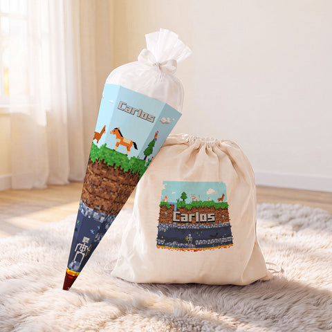 Schulset für Kinder - Pixelerde - Schultüte, Federmappe, Sportbeutel, Geldbörse, Brotdose, Trinkflasche, Lineal & Radiergummi - Personalisiert mit Name (Kopie) (Kopie)