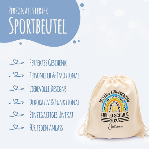 Turnbeutel für Kinder - Tschüss Kindergarten Regenbogen - zur Einschulung