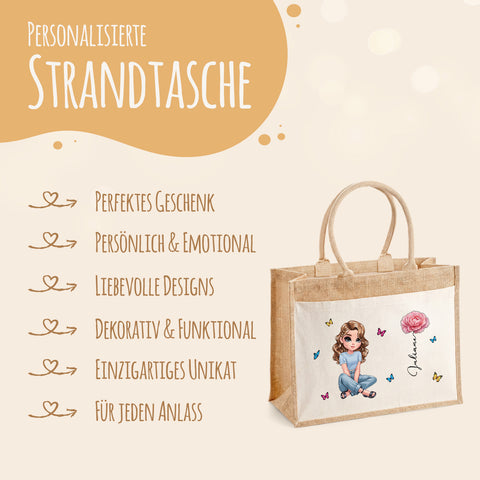 Personalisierte Strandtasche - Blumen - Jute-Tasche mit Name und Figur
