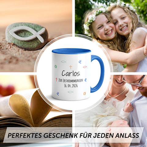 Bedruckte Tasse mit Motiv - Zur Erstkommunion & Konfirmation - Personalisiert mit Name & Datum