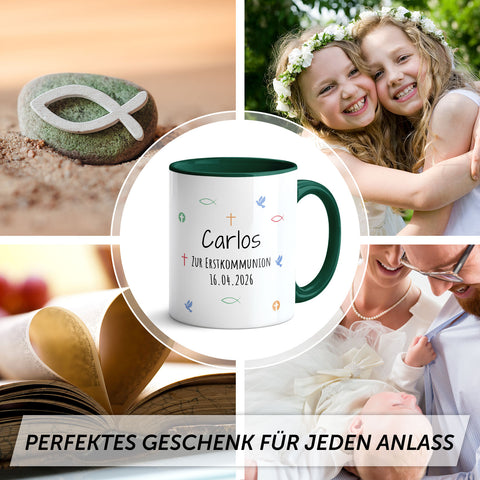 Bedruckte Tasse mit Motiv - Zur Erstkommunion & Konfirmation - Personalisiert mit Name & Datum