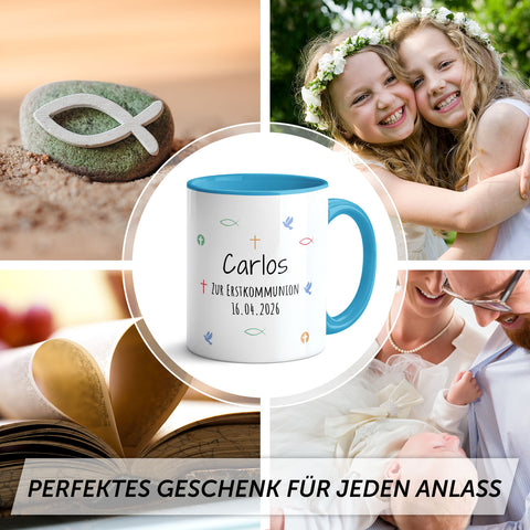 Bedruckte Tasse mit Motiv - Zur Erstkommunion & Konfirmation - Personalisiert mit Name & Datum