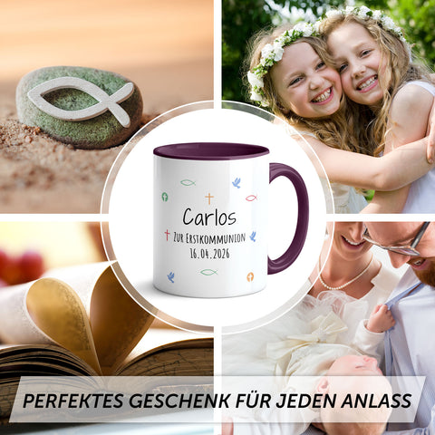 Bedruckte Tasse mit Motiv - Zur Erstkommunion & Konfirmation - Personalisiert mit Name & Datum