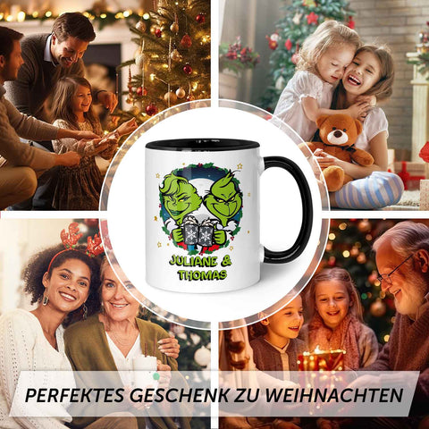 Bedruckte Tasse mit Weihnachtsmotiv - Grinch Paar mit Namen
