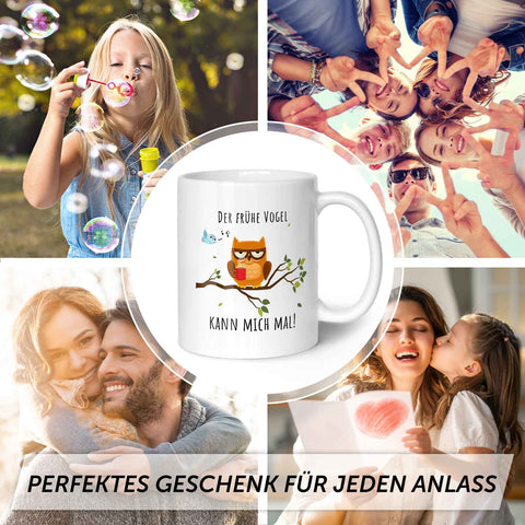 Bedruckte Tasse mit Spruch Der frühe Vogel kann mich mal!