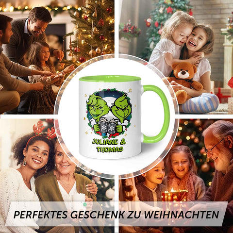 Bedruckte Tasse mit Weihnachtsmotiv - Grinch Paar mit Namen