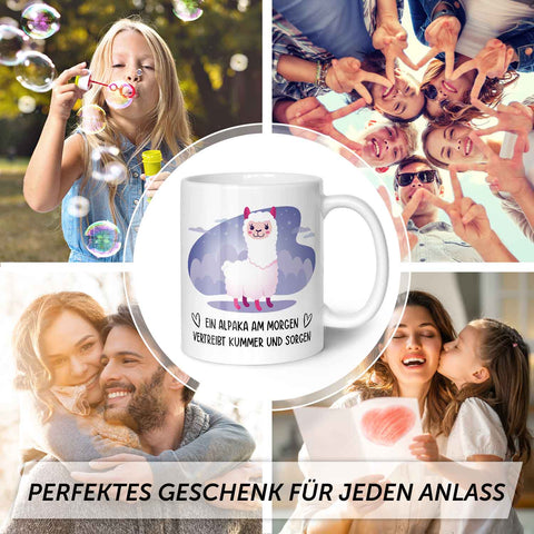 Bedruckte Tasse mit Spruch Alpaka am Morgen
