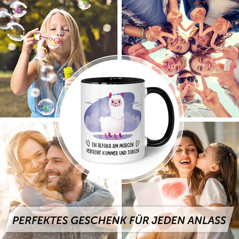 Bedruckte Tasse mit Spruch Alpaka am Morgen