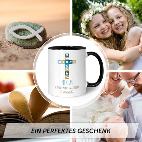 Bedruckte Tasse mit Motiv - Zur Konfirmation V2 mit Name & Datum