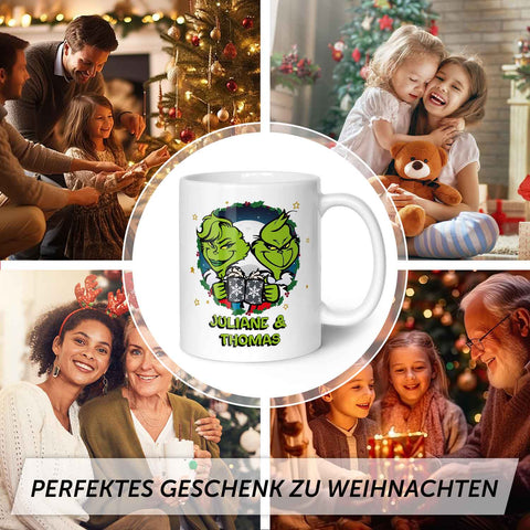 Bedruckte Tasse mit Weihnachtsmotiv - Grinch Paar mit Namen