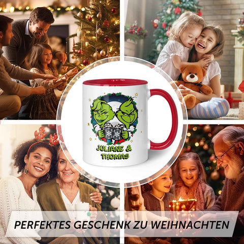 Bedruckte Tasse mit Weihnachtsmotiv - Grinch Paar mit Namen