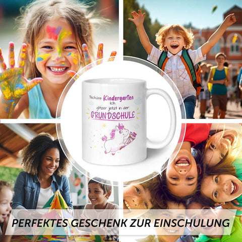 Bedruckte Tasse mit Spruch - Tschüss Kindergarten ich glitzer in der Grundschule
