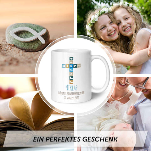 Bedruckte Tasse mit Motiv - Zur Konfirmation V2 mit Name & Datum