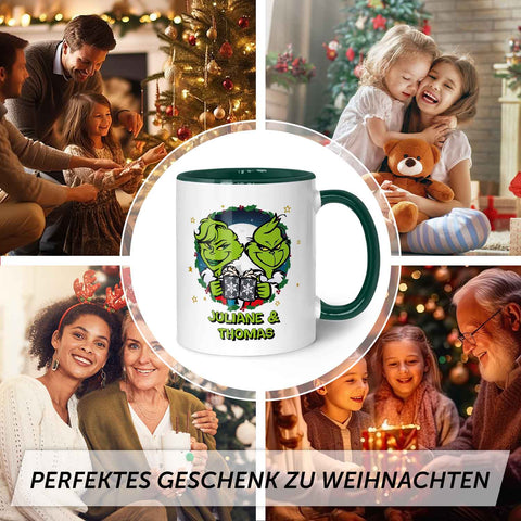 Bedruckte Tasse mit Weihnachtsmotiv - Grinch Paar mit Namen