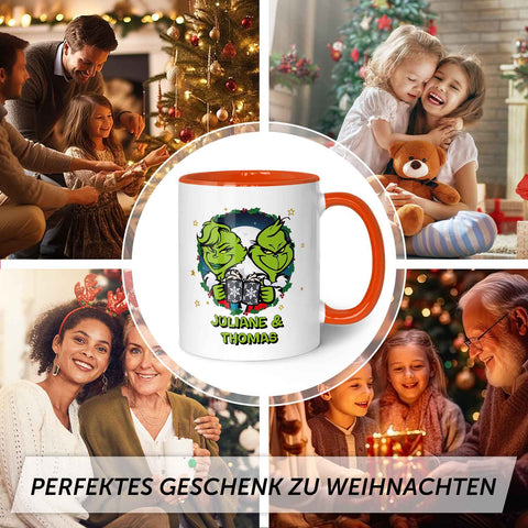 Bedruckte Tasse mit Weihnachtsmotiv - Grinch Paar mit Namen