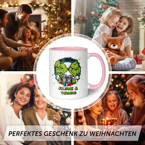 Bedruckte Tasse mit Weihnachtsmotiv - Grinch Paar mit Namen