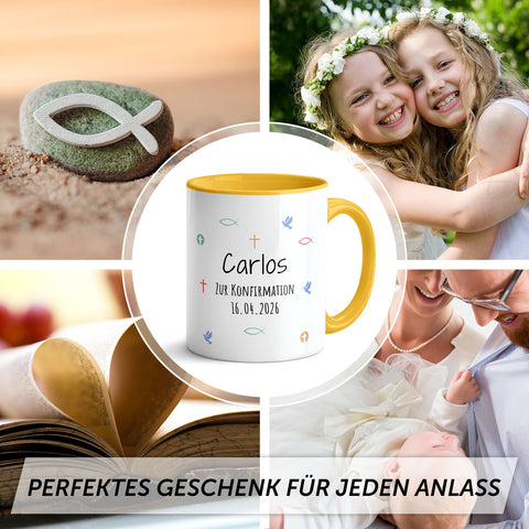 Bedruckte Tasse mit Motiv - Zur Erstkommunion & Konfirmation - Personalisiert mit Name & Datum