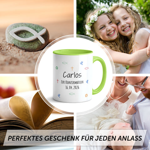 Bedruckte Tasse mit Motiv - Zur Erstkommunion & Konfirmation - Personalisiert mit Name & Datum