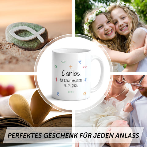 Bedruckte Tasse mit Motiv - Zur Erstkommunion & Konfirmation - Personalisiert mit Name & Datum