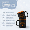Schwarze personalisierte Tasse mit orangefarbiger Innenseite und Lasergravur