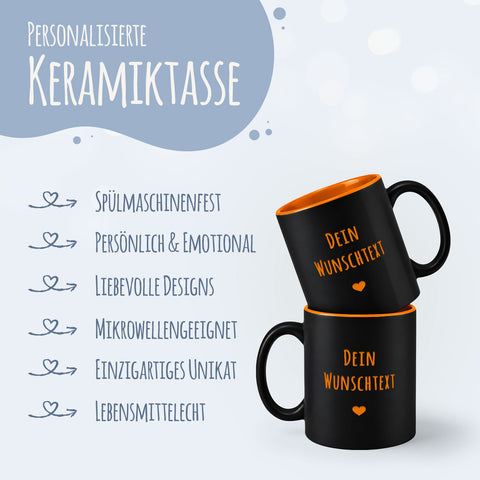 Schwarze personalisierte Tasse mit orangefarbiger Innenseite und Lasergravur