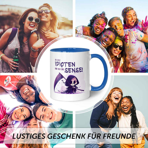 Bedruckte Tasse mit Spruch in lila - So viele Idioten und nur eine Sense