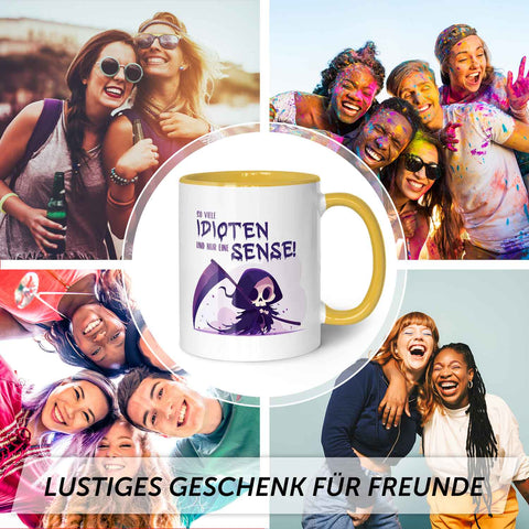 Bedruckte Tasse mit Spruch in lila - So viele Idioten und nur eine Sense