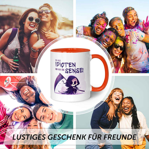 Bedruckte Tasse mit Spruch in lila - So viele Idioten und nur eine Sense