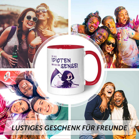 Bedruckte Tasse mit Spruch in lila - So viele Idioten und nur eine Sense