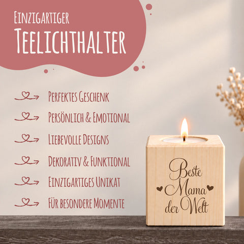 Teelichthalter mit Gravur aus Holz für Mama - Beste Mama der Welt - Persönliches Geschenk für