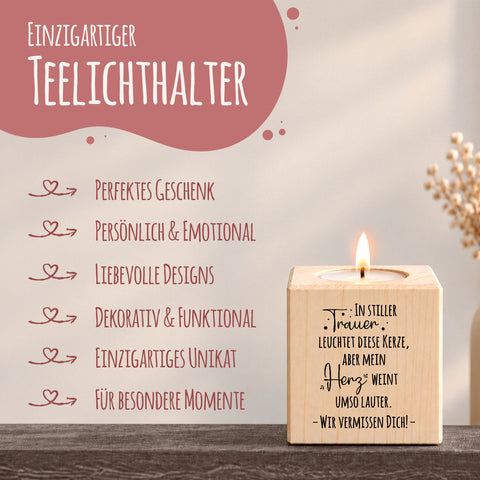 Trauerlicht - Teelichthalter mit Gravur aus Holz - Grabschmuck
