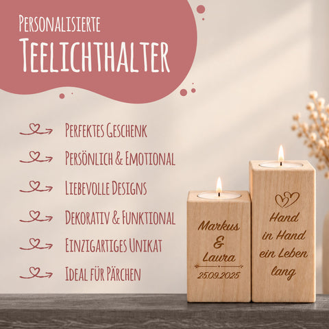 Graviertes Teelichthalter Set aus Holz im "Hand in Hand" Design
