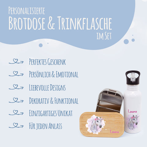 Bedruckte Brotdose & Trinkflasche im Set - Einhorn