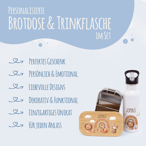 Bedruckte Brotdose & Trinkflasche im Set - Regenbogen Indianer