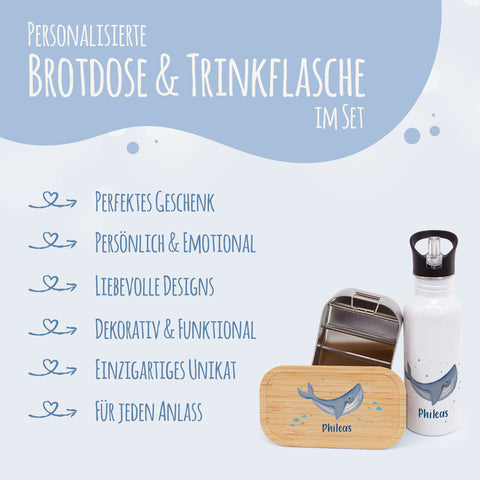 Bedruckte Brotdose & Trinkflasche im Set - Wal