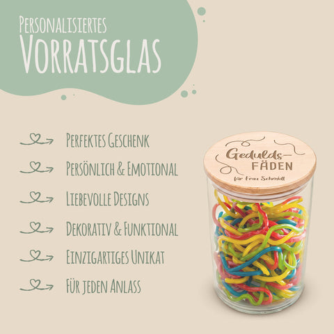 Graviertes Vorratsglas mit Holzdeckel - Geduldsfäden