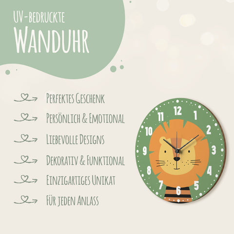 Wanduhr für Kinder im Löwen Design - mit UV Druck