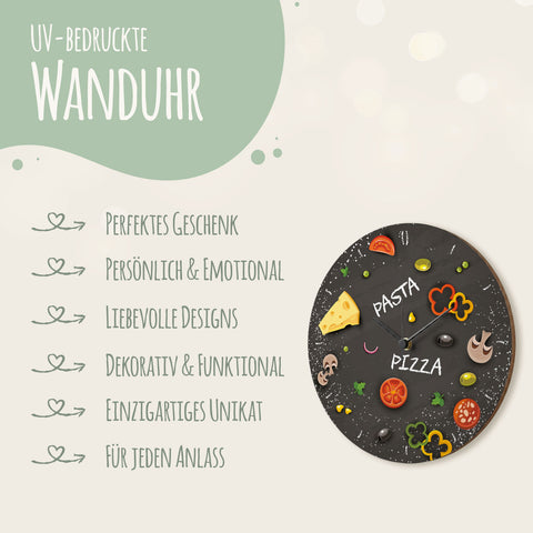 Wanduhr aus Holz Pizza & Pasta - mit UV Druck
