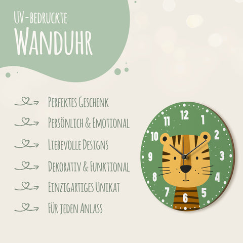 Wanduhr für Kinder im Tiger Design - mit UV Druck