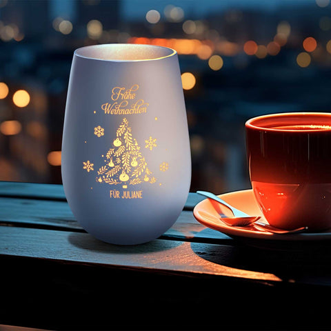 Deko Windlicht aus Glas mit Gravur - Frohe Weihnachten - Personalisiert mit Namen