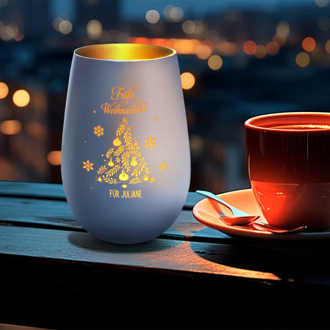 Deko Windlicht aus Glas mit Gravur - Frohe Weihnachten - Personalisiert mit Namen
