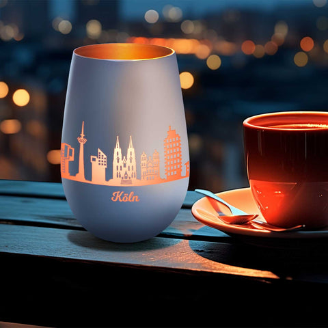 Deko Windlicht aus Glas mit Gravur - Skyline Köln