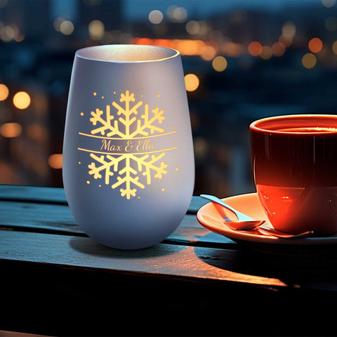 Deko Windlicht aus Glas mit Gravur - Schneeflocke - Personalisiert mit Namen - Geschenk zu Weihnacht