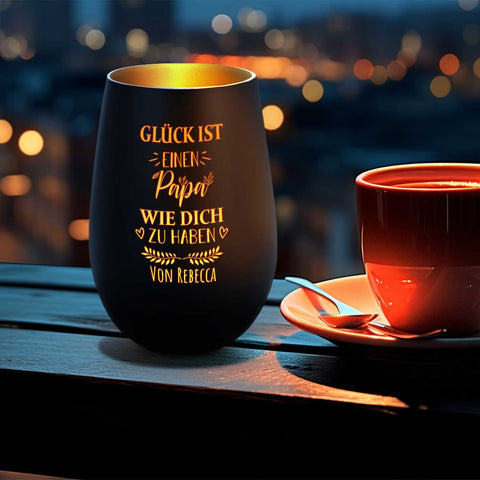 Deko Windlicht aus Glas mit Gravur - Glück ist einen Papa wie Dich zu haben - Personalisiert mit Nam