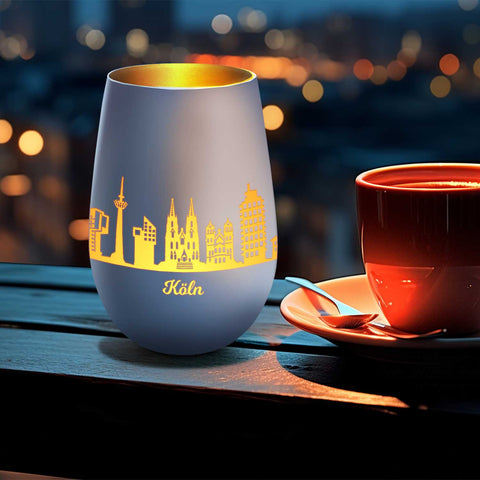 Deko Windlicht aus Glas mit Gravur - Skyline Köln