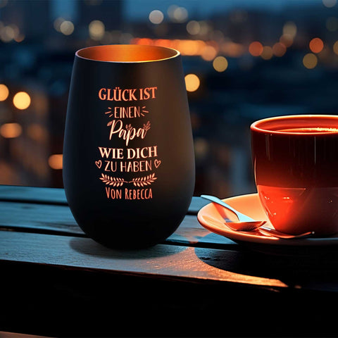 Deko Windlicht aus Glas mit Gravur - Glück ist einen Papa wie Dich zu haben - Personalisiert mit Nam
